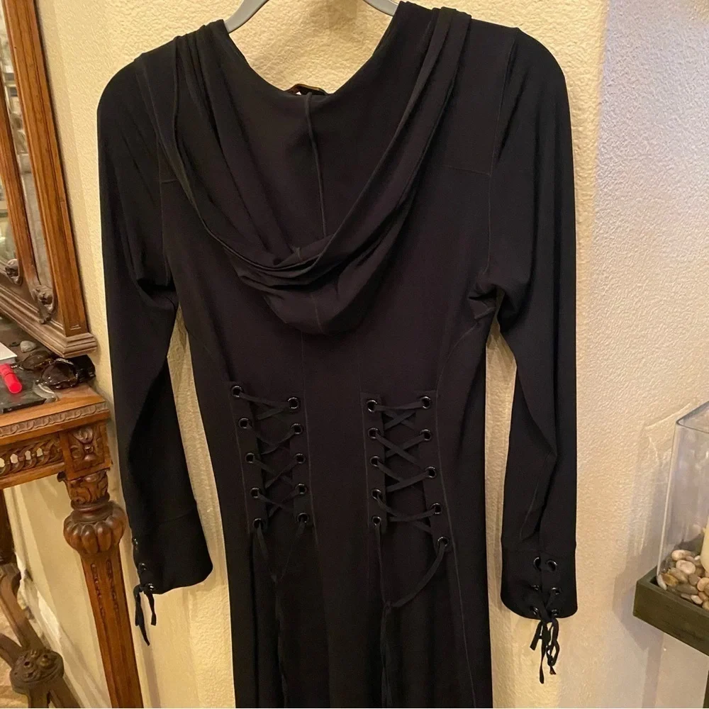 EVO VORRO Women Black Long Sleeve Hooded Lace Up Long Jacket Dress Size Small